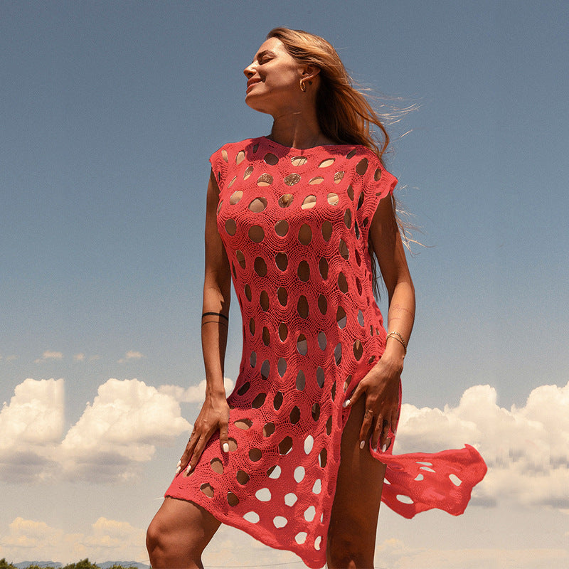 Wholesale Knitted Large Round Hollow Out Pullover One-piece Beach Cover Up